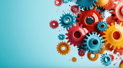 An explosion of colorful gears in various sizes captures the complexity and interconnection of mechanical systems, symbolizing creativity and innovation.
