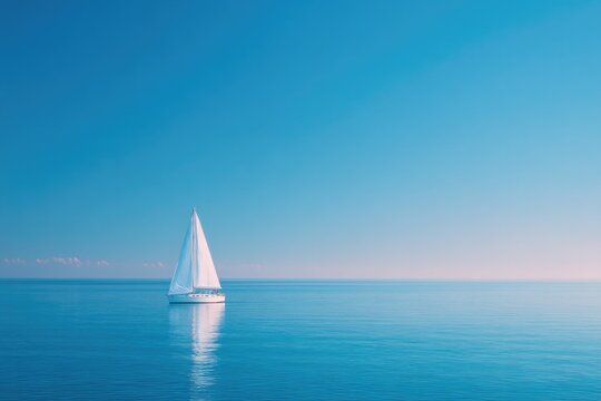 lone sailboat glides across vast calm ocean horizon barely visible