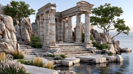 Ancient stone walkway through ruins high resolution photo
