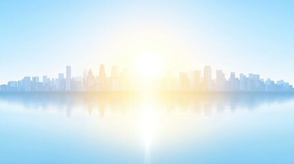 City skyline reflected on calm water at sunrise.