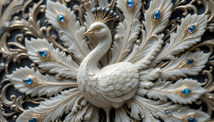 Elegant white peacock wall decor art with blue gems and gold accents design