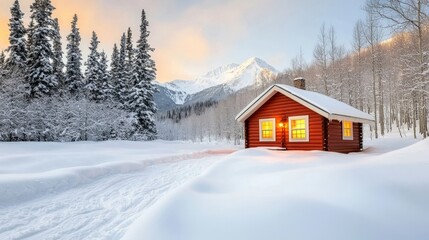 a quaint red cabin sits nestled among towering snowy trees, its inviting warm glow contrasting beautifully with the crisp white snow blanket covering the surrounding winter wonderland.