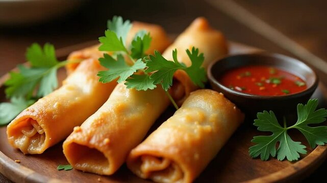 Crispy Spring Rolls with Cilantro and Dipping Sauce&nbsp;- Video footage