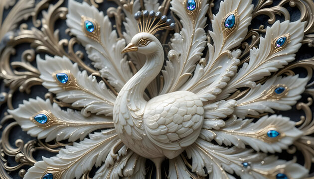 Naklejki Elegant white peacock wall decor art with blue gems and gold accents design