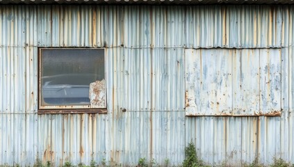Rusted corrugated metal wall with windows