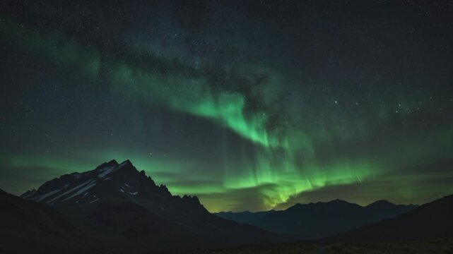 A stunning night sky view with the stunning Aurora Borealis (northern lights) phenomenon. Curtains of electric green light shooting upwards dominate the dark star-strewn sky, creating a dramatic contr