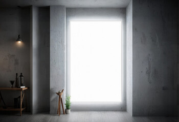 Blank white glowing poster, ai generated, interior background