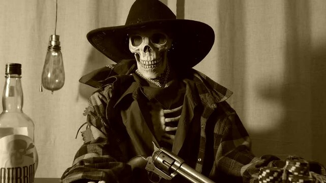 Old west bandit outlaw skeleton at a poker table with a pistol and bourbon, edited in vintage film style. Slider shot, zoom out.