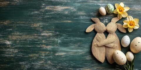 Wooden Easter bunnies embrace, surrounded by eggs and flowers on a rustic wood background