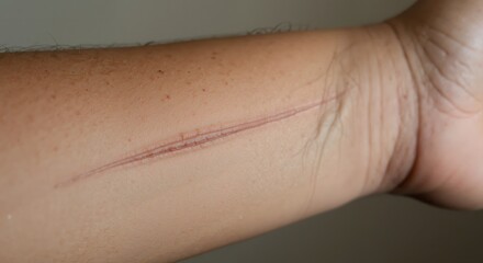 Arm with visible scratch mark on skin against neutral background  