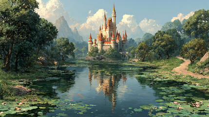 Fantasy fairytale medieval house cartoon background. Magic princess palace near lake vector landscape illustration. Road to italian kingdom building on island in summer. Nenuphar in swamp water