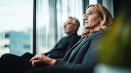 Two individuals enjoy a peaceful atmosphere in an elegant banking lounge, gazing thoughtfully through expansive glass windows. The modern design enhances their tranquil experience
