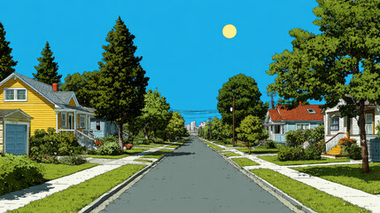 Street in suburb district with residential houses and city on skyline. Vector cartoon illustration of summer landscape with suburban cottages with garages, green trees and road