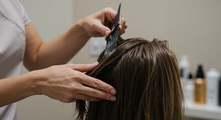 Naklejka premium Hair stylist coloring hair with brush in modern salon 