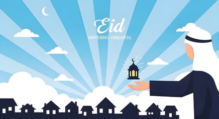 Naklejka premium Eid Mubarak Mosque Silhouette Prayer - Islamic Person Praying, Moon Rays, Minarets, Spiritual Holy Night Scene, Ramadan Background