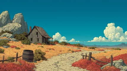 Gardinen Wild west landscape, american ranch with wooden fence and barrel. Vector cartoon illustration of western desert, country scene with someone hiding in wood barrel © Qaqas