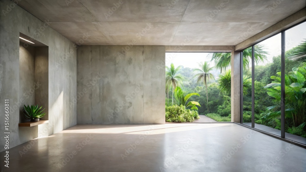 Poster modern minimalist interior design showcasing a serene jungle view through expansive windows