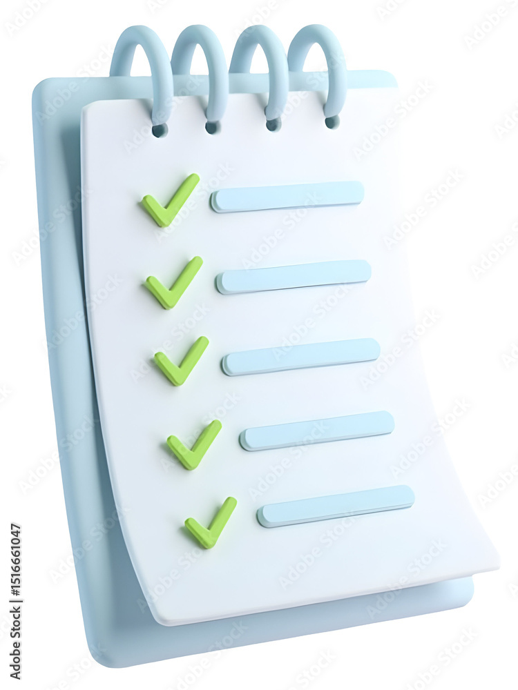 Poster checklist with green check marks and blue lines on spiral notepad, symbolizing completed tasks