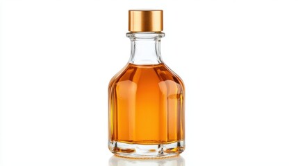 a transparent glass bottle with golden screw cap containing mustard oil, with a simple label and branding, isolated on a pure white background.
