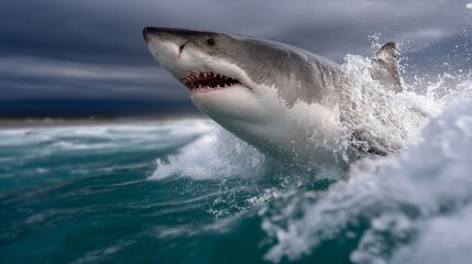 Great white shark emerging from a wave