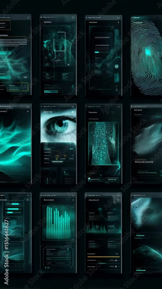 Poster exploration of futuristic user interface designs showcasing biometric elements and data visualizatio