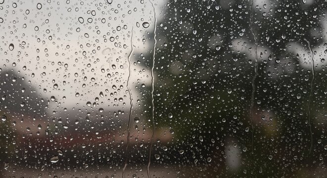 Rain droplets on window with blurred trees in the background   - Powered by Adobe