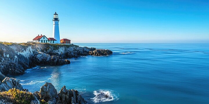 White lighthouse stands on rocky island surrounded by calm blue ocean under clear sky with light clouds. Generative by AI.