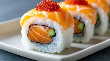 a close up image of an uramaki sushi roll filled with fresh alaska salmon and topped with vibrant red tobiko, creating a visually stunning and delicious japanese delicacy.