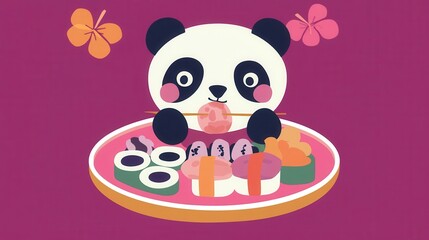 Fototapeta premium Cute panda enjoying a variety of sushi.