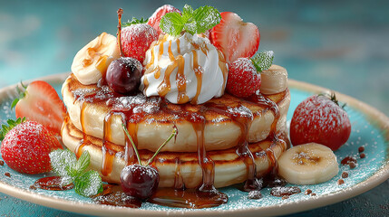 Sweet pancakes set isolated on background. Vector cartoon illustration of traditional breakfast dessert served with fruit and syrup, decorated with strawberry, cherry, banana, chocolate, caramel, jam