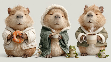 Cute capybara cartoon character set - chubby rodent with donut inflatable ring, adorable animal holding tiny frog friends, sleepy creature enjoying morning coffee. Kawaii funny mascot stickers.