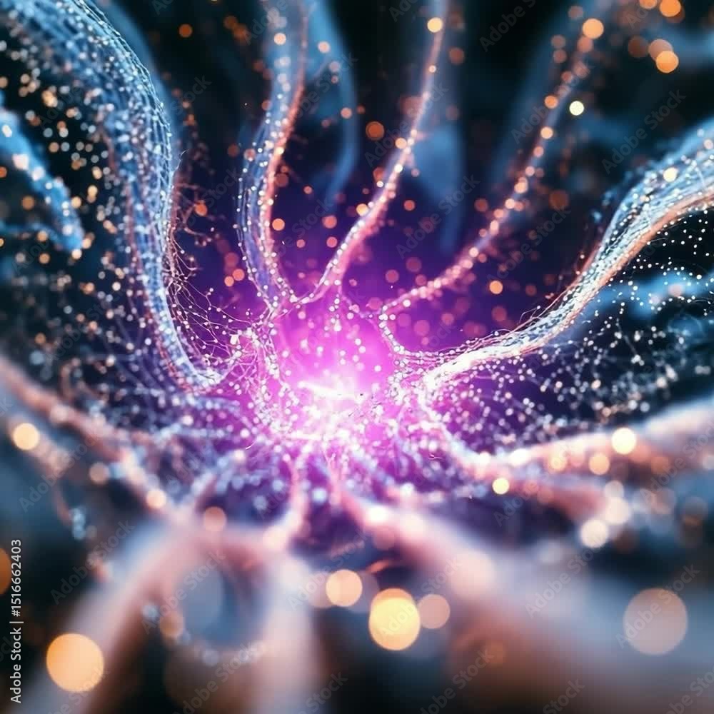 Poster dynamic swirling energy with glowing particles in a dark environment