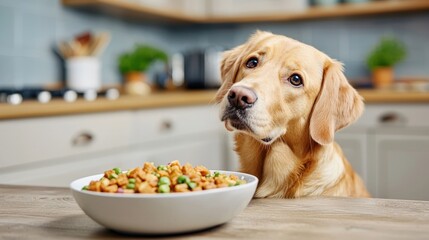 the dog's eyes are fixed on the bowl of food, its tail wagging in anticipation as it patiently waits for permission to eat