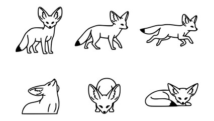 Naklejka premium A collection of minimalist illustrations of Fennec foxes, each portraying a different pose and perspective