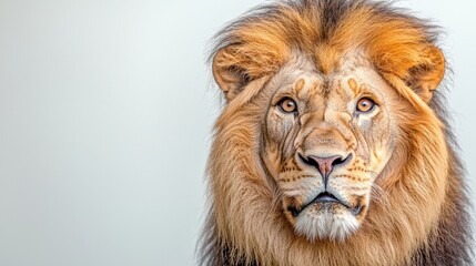 this stock photo features a close up view of a majestic lion's face, showcasing its intricate facial features such as its sharp teeth, piercing eyes, and thick mane
