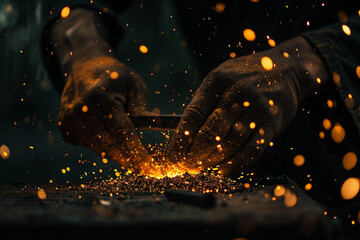 Generative AI depiction of a blacksmith forging metal with sparks flying during the working process