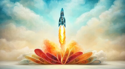 a vibrant and intricate quilled paper artwork depicting a rocket launching into the sky, symbolizing the concept of a startup business taking off with great speed and ambition.