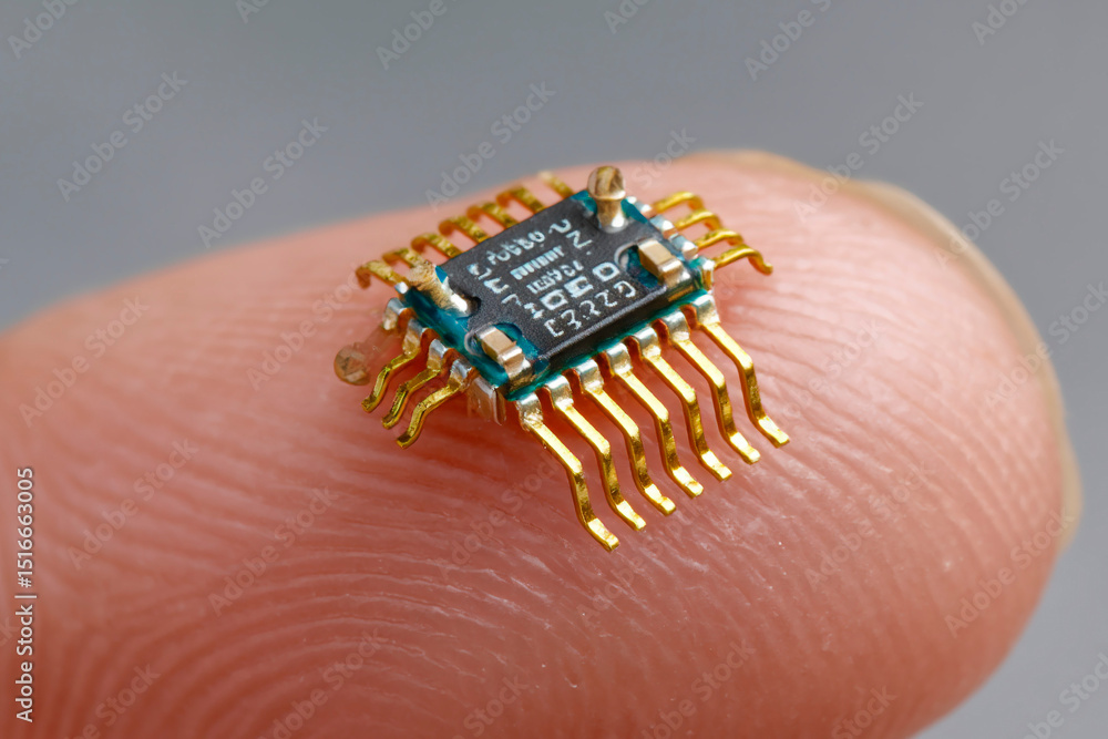 Poster close-up of a tiny microchip with golden pins resting on a human fingertip representing miniaturized