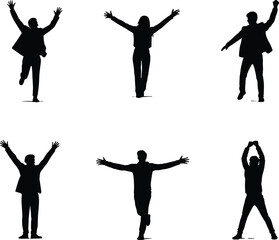 Silhouette vector of happy people jumping and raising hands, celebrating success, business achievement, motivation, joy, freedom