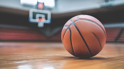 Orange basketball resting on a wooden court.