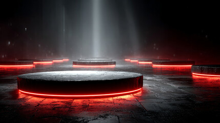 Round podium on red light background. Vector realistic illustration of dark showroom for modern product presentation with abstract glowing rectangles, technology showroom, nightclub stage design