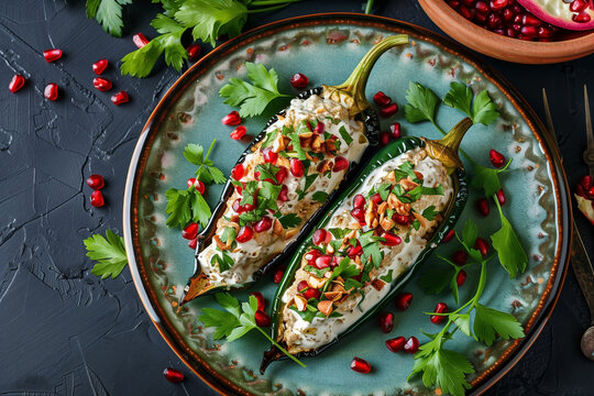 chiles en nogada Mexican dish of poblano chiles stuff, top view