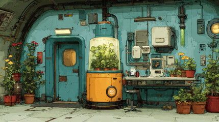 Laboratory with plants growing equipment. Futuristic lab on spaceship or secret bunker, scientific biotechnology technics, glass tube, dashboard, lamps, seedlings in pots, Cartoon vector illustration