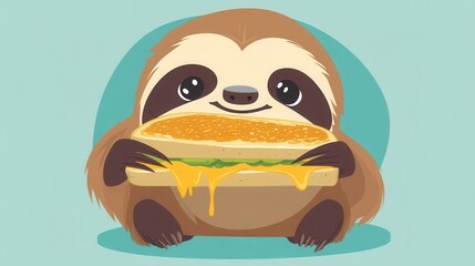 Fototapeta premium Cute sloth enjoying a melted cheese sandwich.