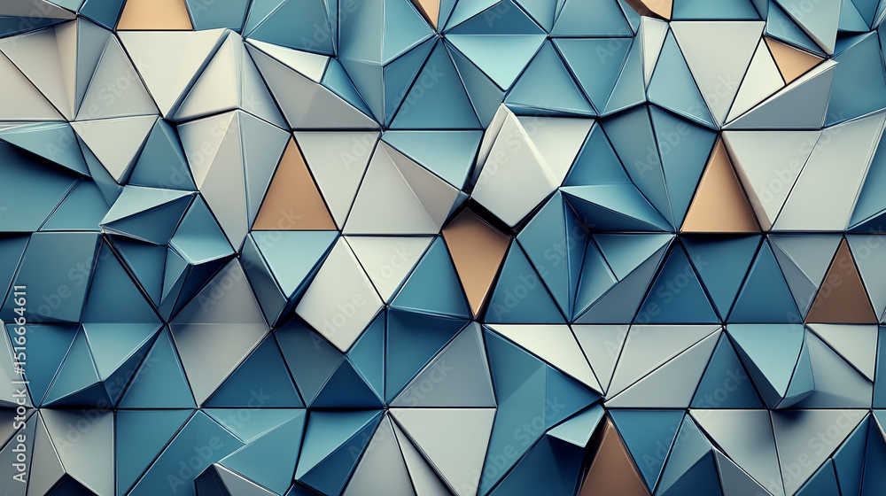 Poster an abstract geometric background composed of numerous interconnected triangles in shades of blue, wh