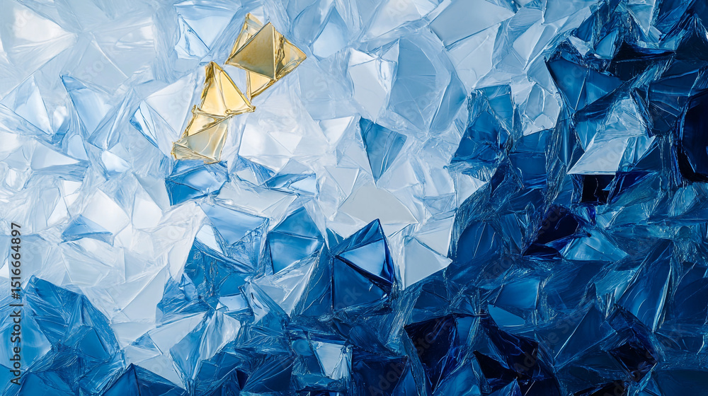Poster an abstract geometric background composed of numerous interconnected triangles in shades of blue, wh
