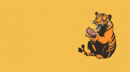 A tiger is depicted eating a piece of meat.