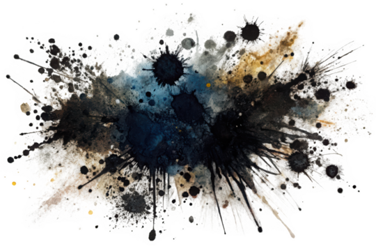 A dramatic abstract watercolor splatter painting featuring deep blue, black, and earthy tones, evoking a sense of chaos and creativity.