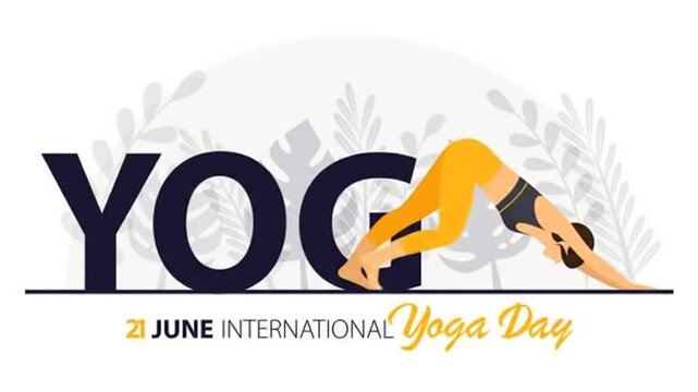 International Yoga Day Celebration: Woman Practicing Downward-Facing Dog Pose with Leafy Botanical Background and Modern Typography, Promoting Health and Wellness