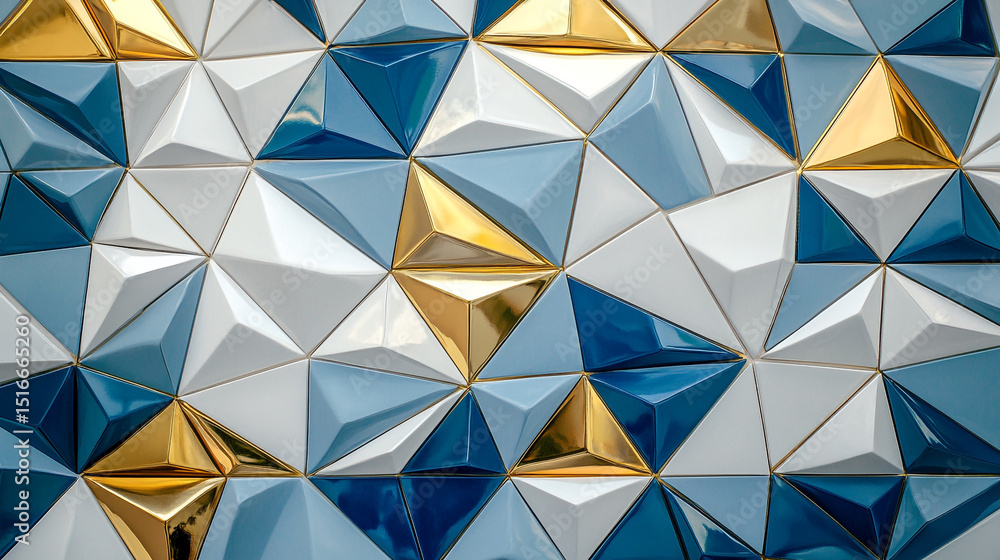 Poster an abstract geometric background composed of numerous interconnected triangles in shades of blue, wh